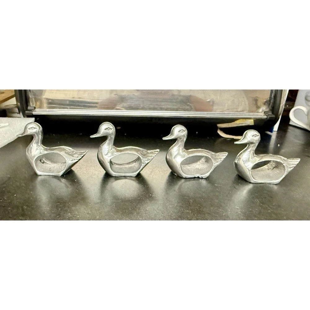 Set of 4 Pewter Napkin Rings Holders Farmhouse Animals Ducks